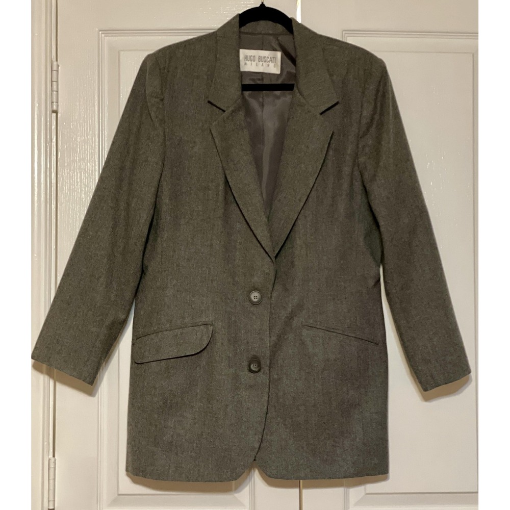 Vintage Hugo Buscati Blazer Womens 12 Gray 100% Wool Longline Jacket‎ USA 80s